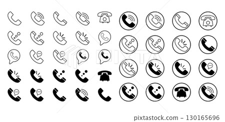 Phone icons showing handset, ringing, messages, and call symbols, useful for apps, contact, and communication design. Phone icons showing handset, ringing, messages, and call symbols, useful for apps, contact, and communication design. 130165696