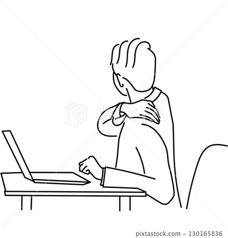 Stock Illustration: Back view of a man suffering from stiff shoulders Monochrome line drawing vector | Fatigue while working on a computer Stock Illustration: Back view of a man suffering from stiff shoulders Monochrome line drawing vector | Fatigue while working on a computer 130165836