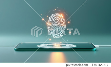 Close-up of a modern smartphone with a glowing fingerprint scanner icon above it on a sleek surface, representing biometric authentication technology and digital security 130165907
