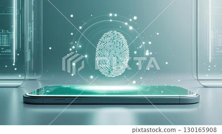 futuristic fingerprint scanner with digital fingerprint recognition technology on transparent screen with glowing interface in a high-tech environment 130165908