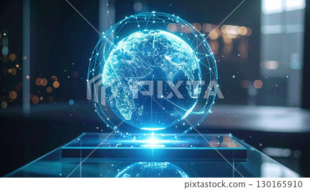 Futuristic digital hologram of Earth planet with interconnected network lines glowing in a modern office setting with bokeh lights background 130165910