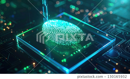 Futuristic digital fingerprint scanning on high-tech circuit board with glowing blue green lights and advanced biometric technology concept illustration 130165932