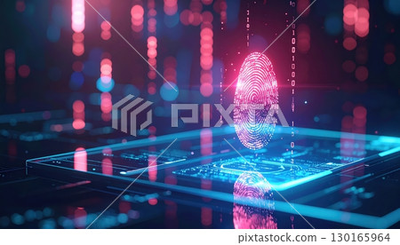 High Tech Digital Fingerprint Scanning on a Futuristic Smartphone with Glowing Data and Digital Code Overlay, Modern Cybersecurity and Biometric Technology Concept 130165964