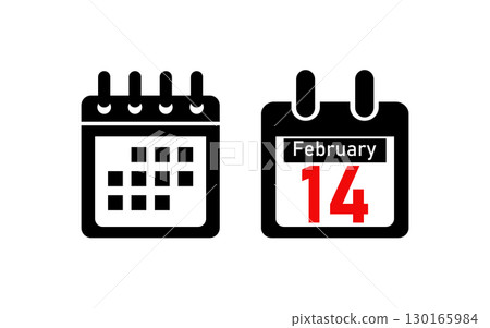 Calendar icons, one showing a generic month grid and the other highlighting February 14th, symbolizing Valentines Day. 130165984