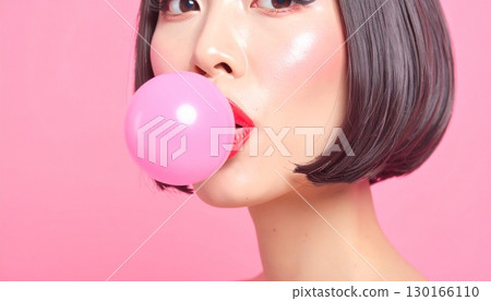 Woman with bob hair blowing gum 130166110