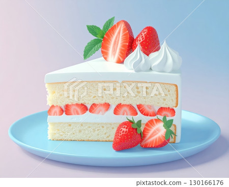 A delectable slice of gourmet strawberry cake with fresh strawberries, cream, 3d render 130166176