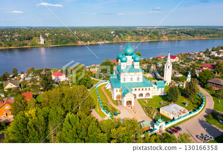 Drone view of the Resurrection Cathedral and residential areas in the city of Tutaev 130166358