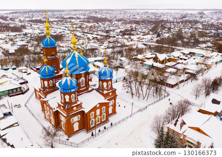 Aerial view of Church of the Intercession in winter in the city Petrovsk. 130166373