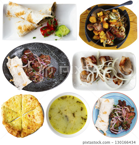 Set of Georgian cuisine dishes isolated on white background 130166434