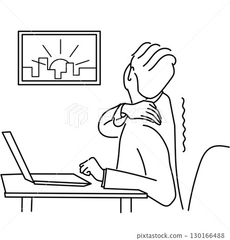 Stock Illustration: Monochrome line drawing of a man's back who complains of stiff shoulders after an upset night 130166488
