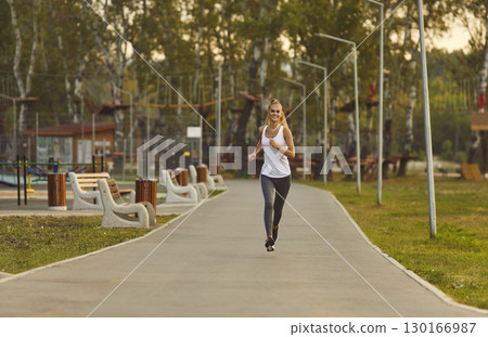 Woman Enjoying Outdoor Jogging in City Park Woman Enjoying Outdoor Jogging in City Park 130166987