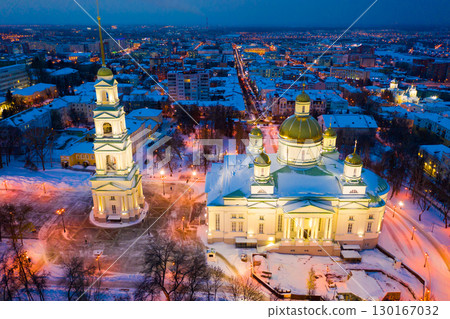 Evening view of the Spassky Cathedral in winter in Penza. 130167032