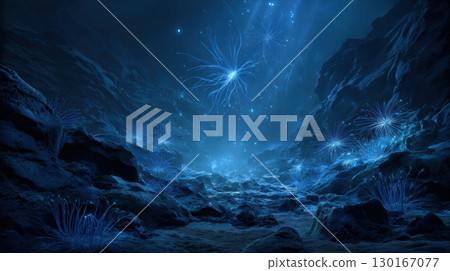 Bioluminescent creatures glow in deep sea trench, creating mysterious underwater landscape Bioluminescent creatures glow in deep sea trench, creating mysterious underwater landscape 130167077