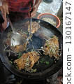 Person cooking large pieces of fried chicken with bean sprouts and herbs on hot griddle, using tongs and spatula, in outdoor setting 130167147