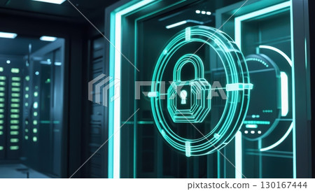 High tech secure data server room with digital padlock hologram for cybersecurity protection and advanced technology storage environment 130167444