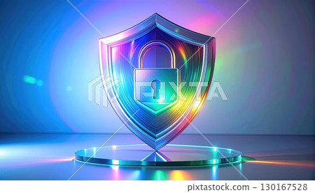 Vibrant rainbow glowing shield emblem with lock symbol symbolizing cybersecurity protection and digital safety in futuristic technology design 130167528