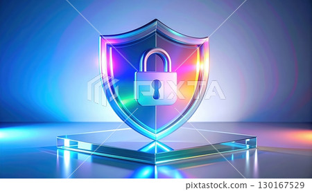 Digital security concept with shield and lock in vibrant neon lighting representing cybersecurity and data protection technology for online safety protection 130167529