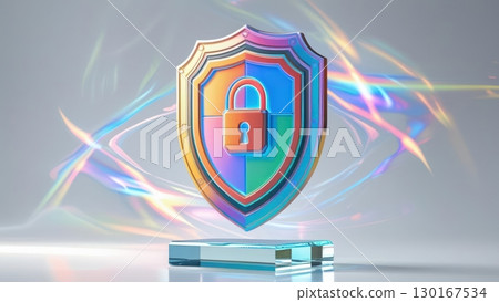 Digital security shield with lock icon symbolizing cybersecurity protection and data privacy in a futuristic glowing environment with abstract light effects 130167534