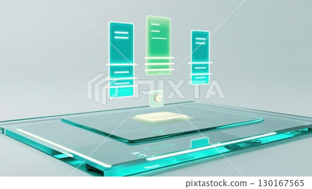 Futuristic digital data exchange concept with holographic floating screens and glowing platform in a minimalistic high-tech environment 130167565