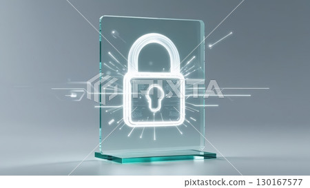 Transparent glass plaque with illuminated digital lock icon representing cybersecurity and data protection in a futuristic technology concept Transparent glass plaque with illuminated digital lock icon representing cybersecurity and data protection in a futuristic technology concept 130167577