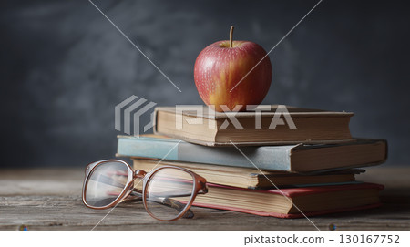 Still life composition of stacked books with apple top and reading glasses placed front, set against dark background, evoking scholarly Still life composition of stacked books with apple top and reading glasses placed front, set against dark background, evoking scholarly 130167752