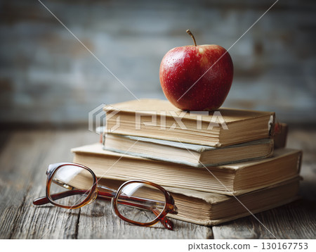 Stack of old books with apple and reading glasses on wooden surface, creating cozy and nostalgic reading scene with rustic background 130167753
