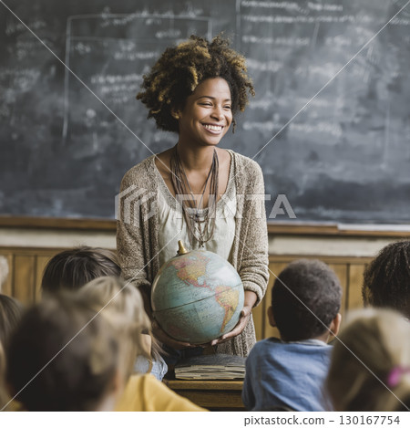 Smiling female teacher holding globe in front of classroom of children with blackboard in background, creating engaging learning environment 130167754