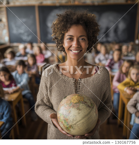 Smiling female teacher holding globe classroom filled with students sitting desks, teaching and learning about geography, education, and world 130167756