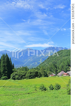 Summer in Hakuba: View of the Northern Alps from the Aooni Rice Terraces 130167851