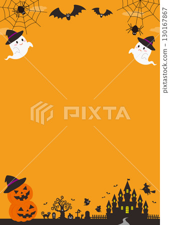 A vertical Halloween frame illustration with an orange sky, featuring castles and ghosts 130167867