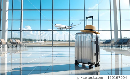 Modern Airport Terminal with Stylish Suitcases and Airplane Takeoff | 3D Travel Concept. 130167904