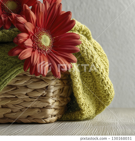 Close up of vibrant red daisy flower resting on woven basket, partially covered by soft, textured yellow green blanket, against neutral background, evoking warmth and freshness Close up of vibrant red daisy flower resting on woven basket, partially covered by soft, textured yellow green blanket, against neutral background, evoking warmth and freshness 130168031
