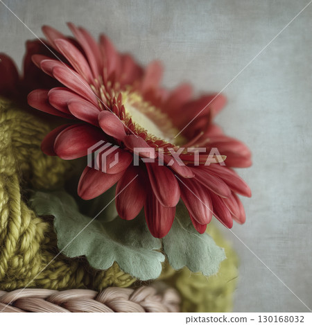 Close up of pink gerbera daisy with soft petals in woven basket, surrounded by green leaves, against neutral background, evoking sense of freshness and natural beauty 130168032