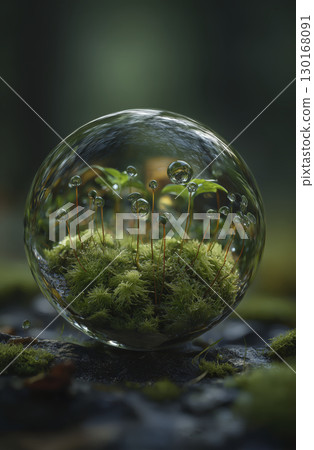 Glass sphere containing moss and tiny water droplets with delicate stems, set natural outdoor environment with soft lighting and blurred background, evoking sense of tranquility and miniature Glass sphere containing moss and tiny water droplets with delicate stems, set natural outdoor environment with soft lighting and blurred background, evoking sense of tranquility and miniature 130168091
