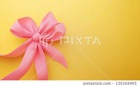 Pink flower ribbon tied knot on solid yellow background copy space romantic decoration 130168405