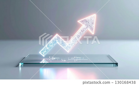 Clear glass platform with glowing digital arrow pointing upward symbolizing growth success and progress in business finance technology and innovation in a modern setting 130168438