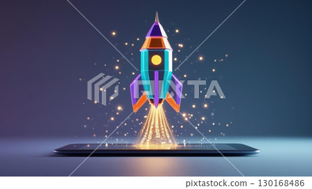 Vibrant colorful rocket launching from a tablet screen with sparks and light trails in a digital space theme representing technology and innovation 130168486