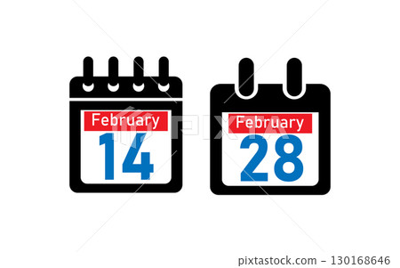 Calendar icons showing February dates: the 14th (Valentines Day) and the 28th, marking significant February events. 130168646