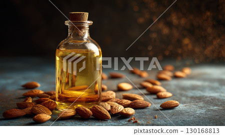 Almond oil in glass bottle surrounded by whole almonds on textured surface with warm, soft lighting creating cozy atmosphere 130168813
