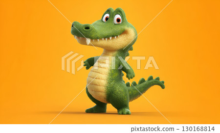 Cute green crocodile cartoon character with big eyes and friendly smile standing on orange background 130168814
