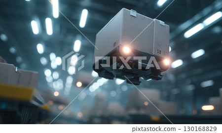Autonomous flying delivery drone carrying cargo box inside futuristic warehouse with bright lights and blurred background Autonomous flying delivery drone carrying cargo box inside futuristic warehouse with bright lights and blurred background 130168829