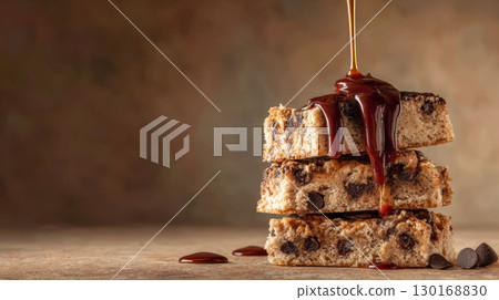 Chocolate chip cookie bars stacked with syrup dripping on top, creating rich and indulgent dessert scene with warm tones Chocolate chip cookie bars stacked with syrup dripping on top, creating rich and indulgent dessert scene with warm tones 130168830
