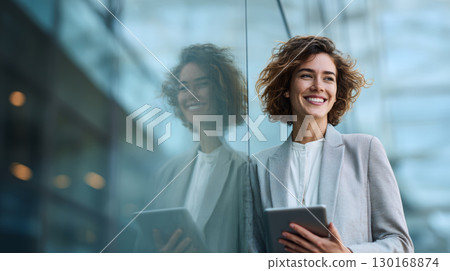 Smiling professional woman with curly hair holding tablet and leaning on glass wall in modern office environment with natural light 130168874