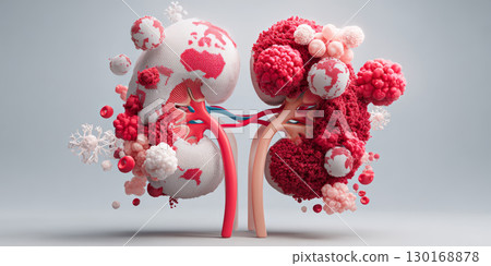 Kidney organ with red and white textured globes representing global health awareness and renal care, symbolizing World Kidney Day importance 130168878