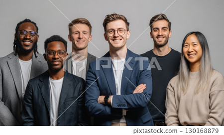 Young professional team in casual and business attire smiling confidently in studio with gray background, showing diversity and collaboration 130168879