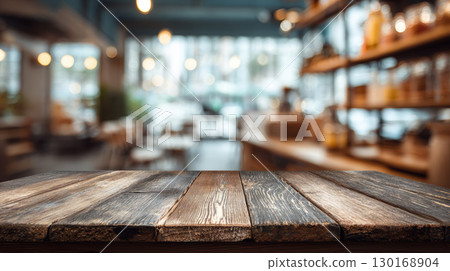 Wooden table surface with blurred cozy cafe interior background and warm lighting creating inviting atmosphere 130168904