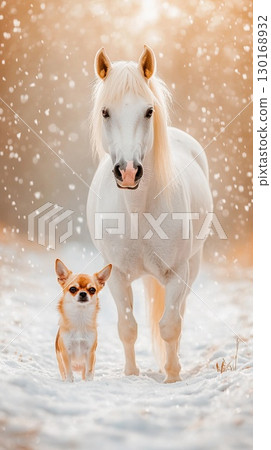 White horse and Chihuahua standing side by side in the snow 2026 Year of the Horse White horse and Chihuahua standing side by side in the snow 2026 Year of the Horse 130168932