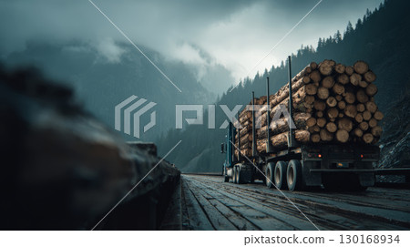 Logging truck carrying large stack of freshly cut logs on wooden road in misty forest mountain landscape, moody atmosphere 130168934