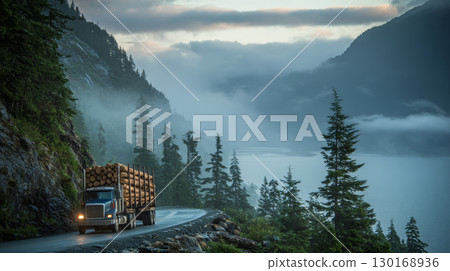 Logging truck on mountain road with foggy forest and lake landscape at dawn 130168936