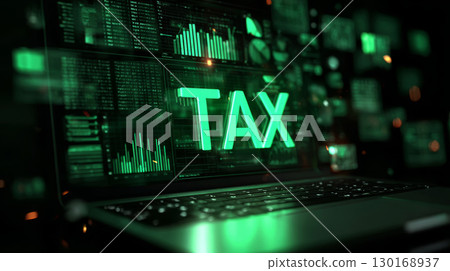 Tax concept with glowing green text on laptop screen showing financial data and charts in dark environment 130168937